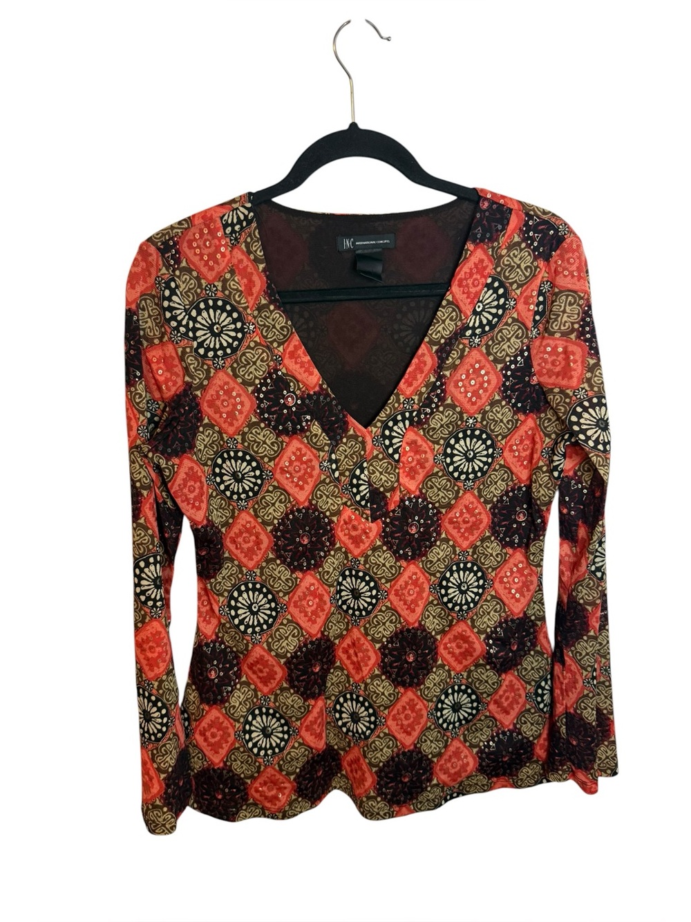 INC International Concepts Boho Tile Mesh Overlay Hippie Blouse